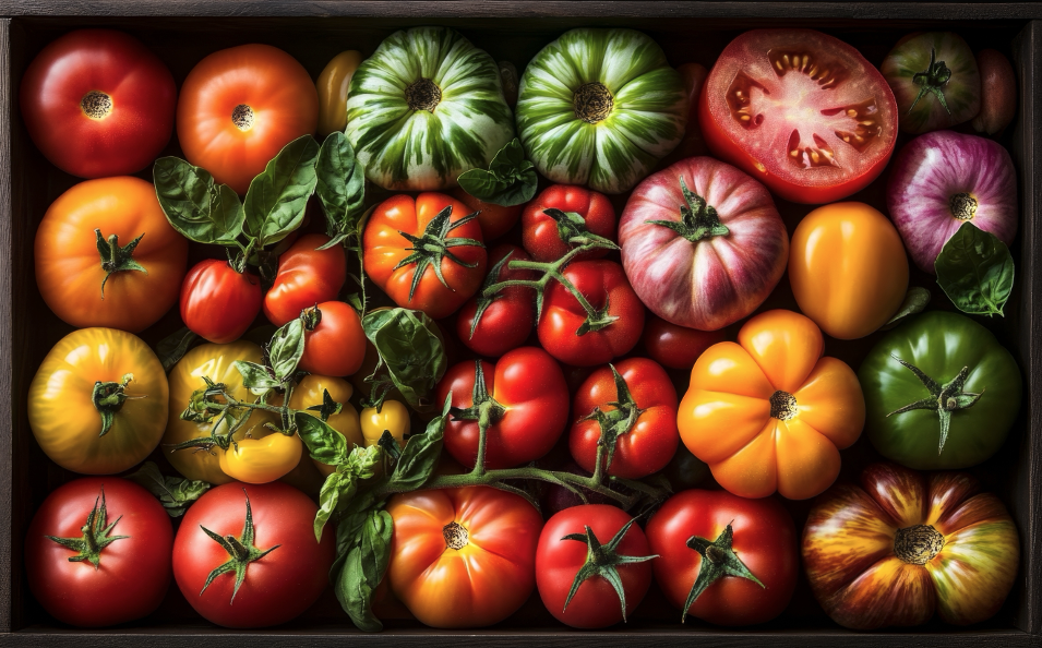 Wooden box full of heirloom tomatoes of all different sizes, colors, and shapes.
